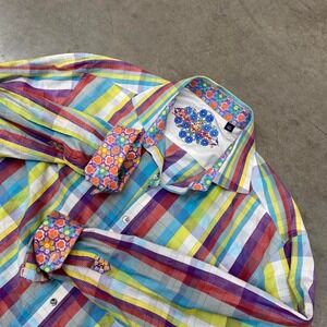 Robert Graham Multicolor Plaid Button Down Shirt Floral Trim Men's Large